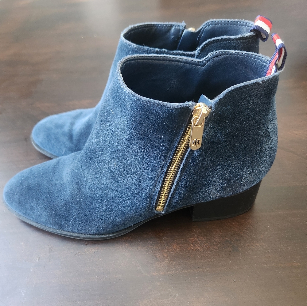 Blue Suede Ankle Boots with Gold Zipper